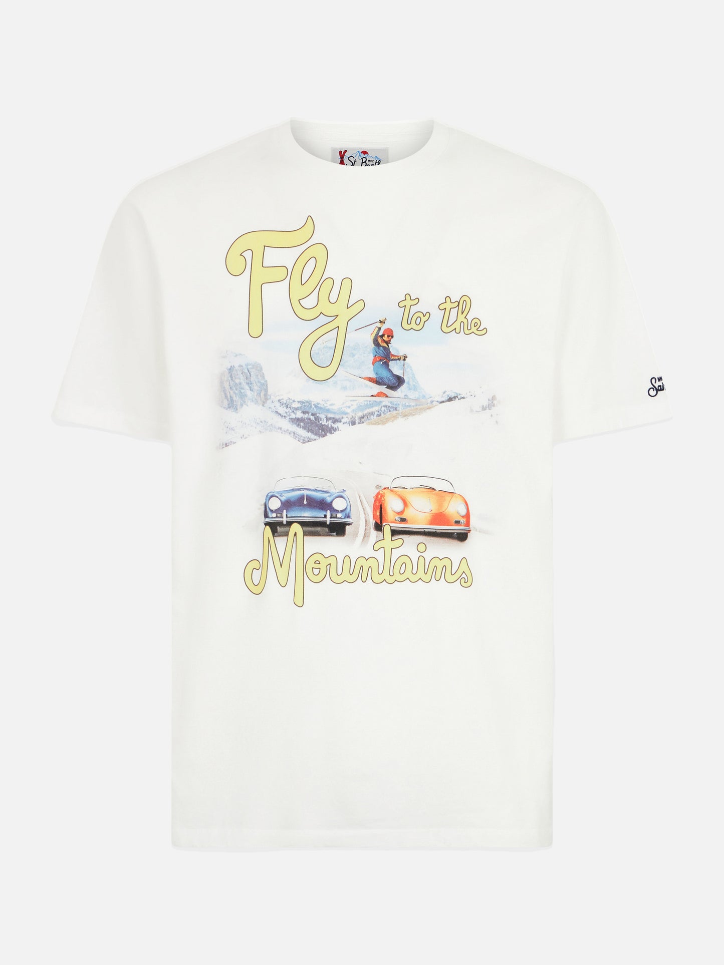 Herren-T-Shirt aus schwerer Baumwolle mit Aufdruck „Berge und Autos“.