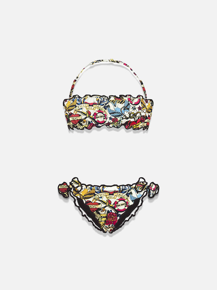 Mädchen-Bandeau-Bikini mit Tattoo-Print