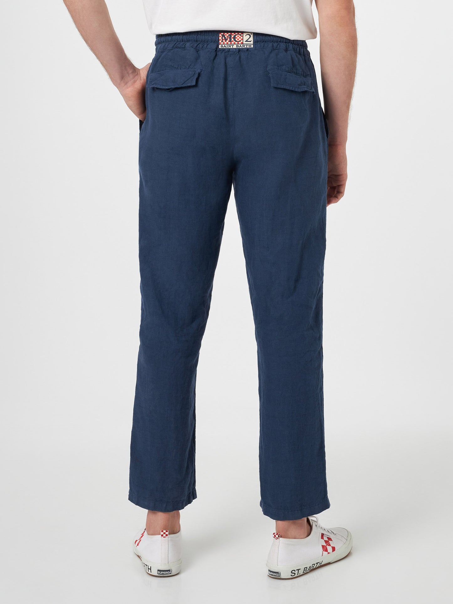 Man navy blue linen Calais pants with drawstring - MC2 Saint Barth
