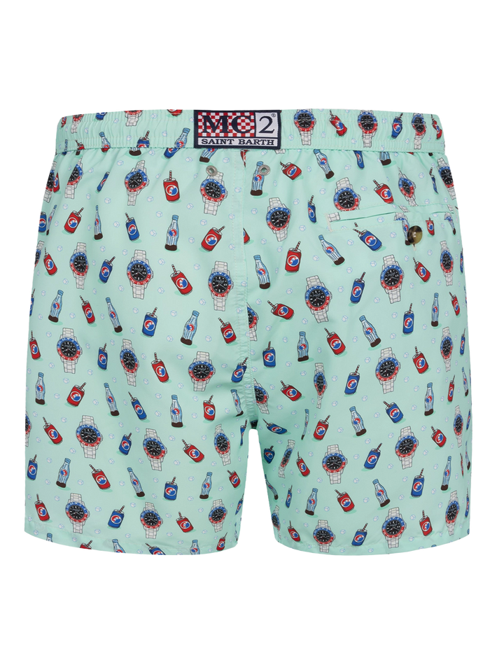 Man lightweight fabric swim-shorts Lighting Micro Fantasy with watches and drinks print - MC2 Saint Barth
