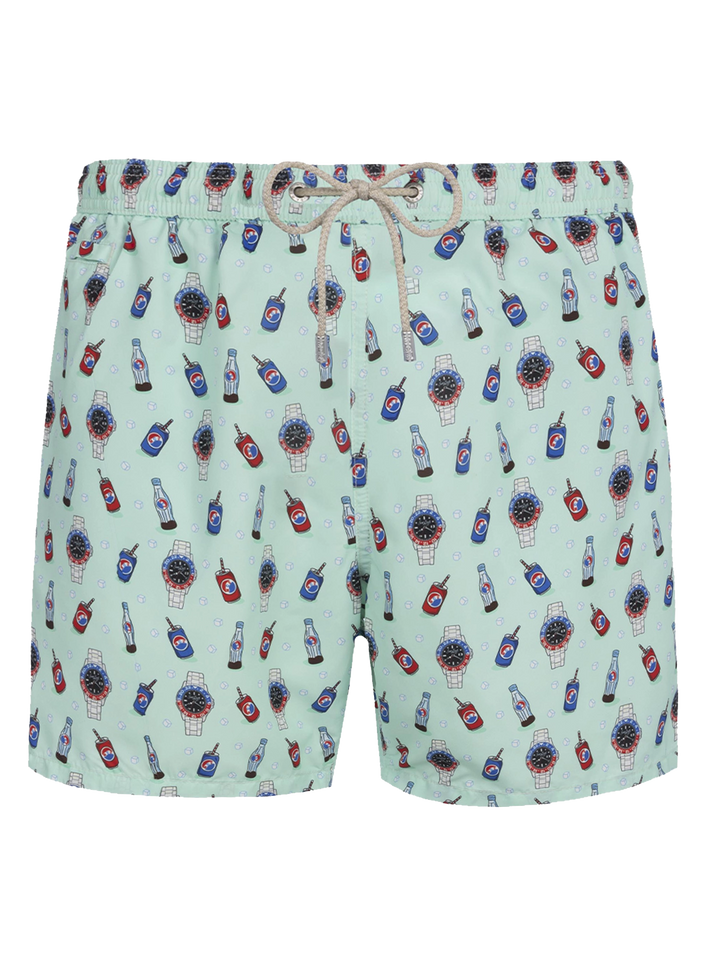 Man lightweight fabric swim-shorts Lighting Micro Fantasy with watches and drinks print - MC2 Saint Barth