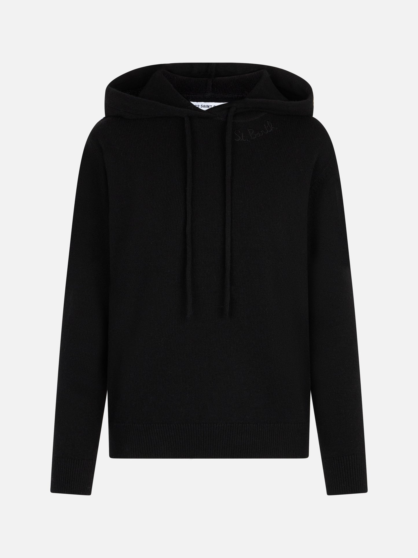 Schwarzer gestrickter Damen-Kapuzenpullover mit St. Barth-Stickerei