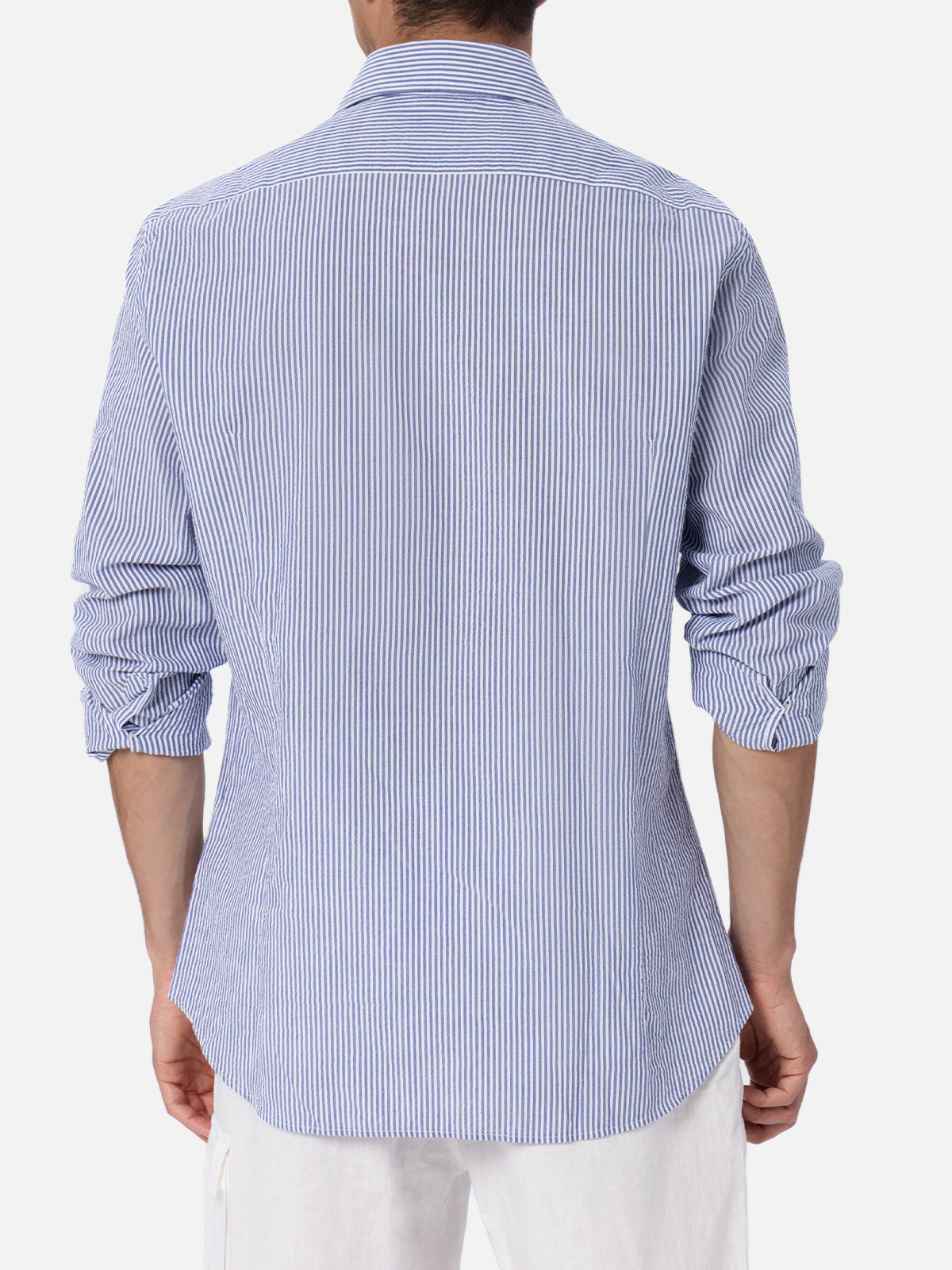 Man seersucker cotton shirt Pamplona with bluette stripes - MC2 Saint Barth