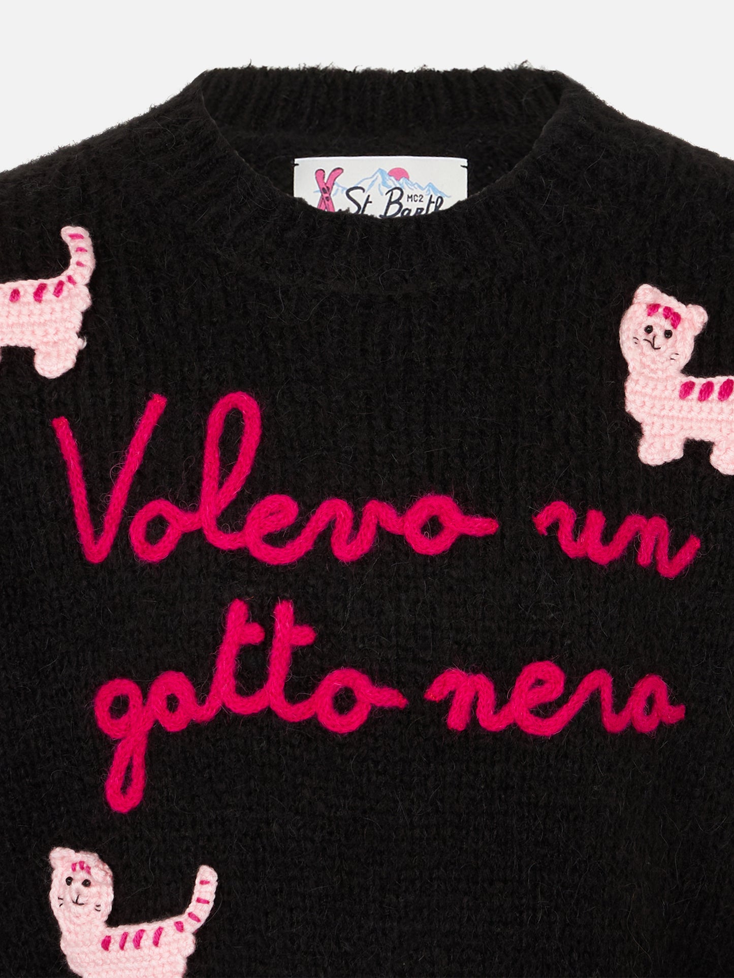 Girl crewneck soft sweater with cats crochet patch and Volevo un Gatto Nero embroidery - MC2 Saint Barth
