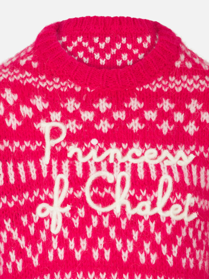 Girl crewneck soft sweater with fair isle print and Princess of Chalet embroidery - MC2 Saint Barth