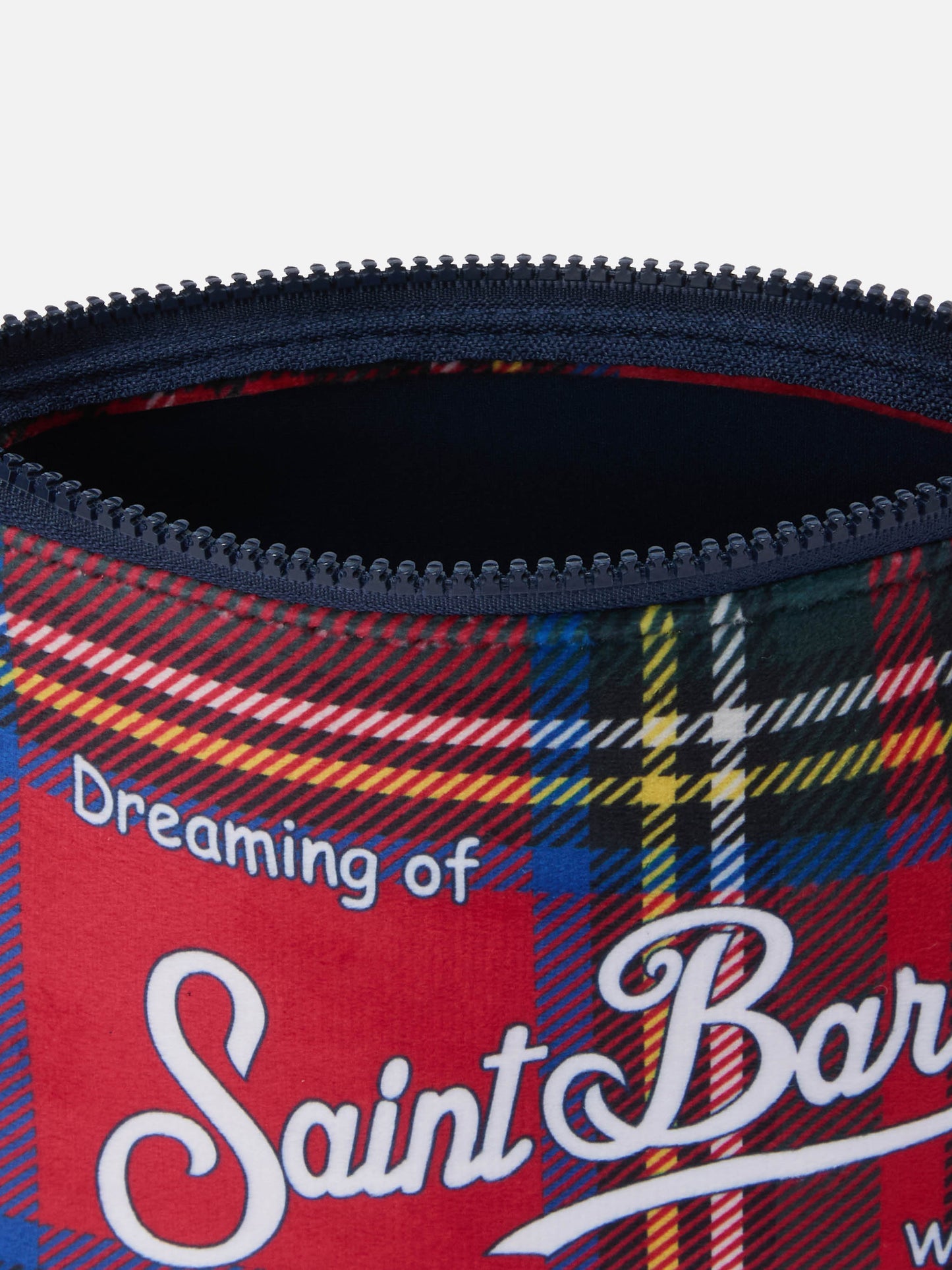 Aline-Pouch aus Stoff in Wolloptik mit rotem Tartanmuster