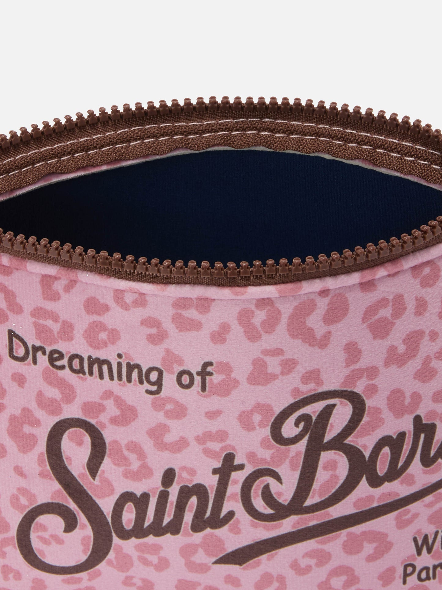 Aline-Pouch aus Stoff in Wolloptik mit rosa Leopardenmuster