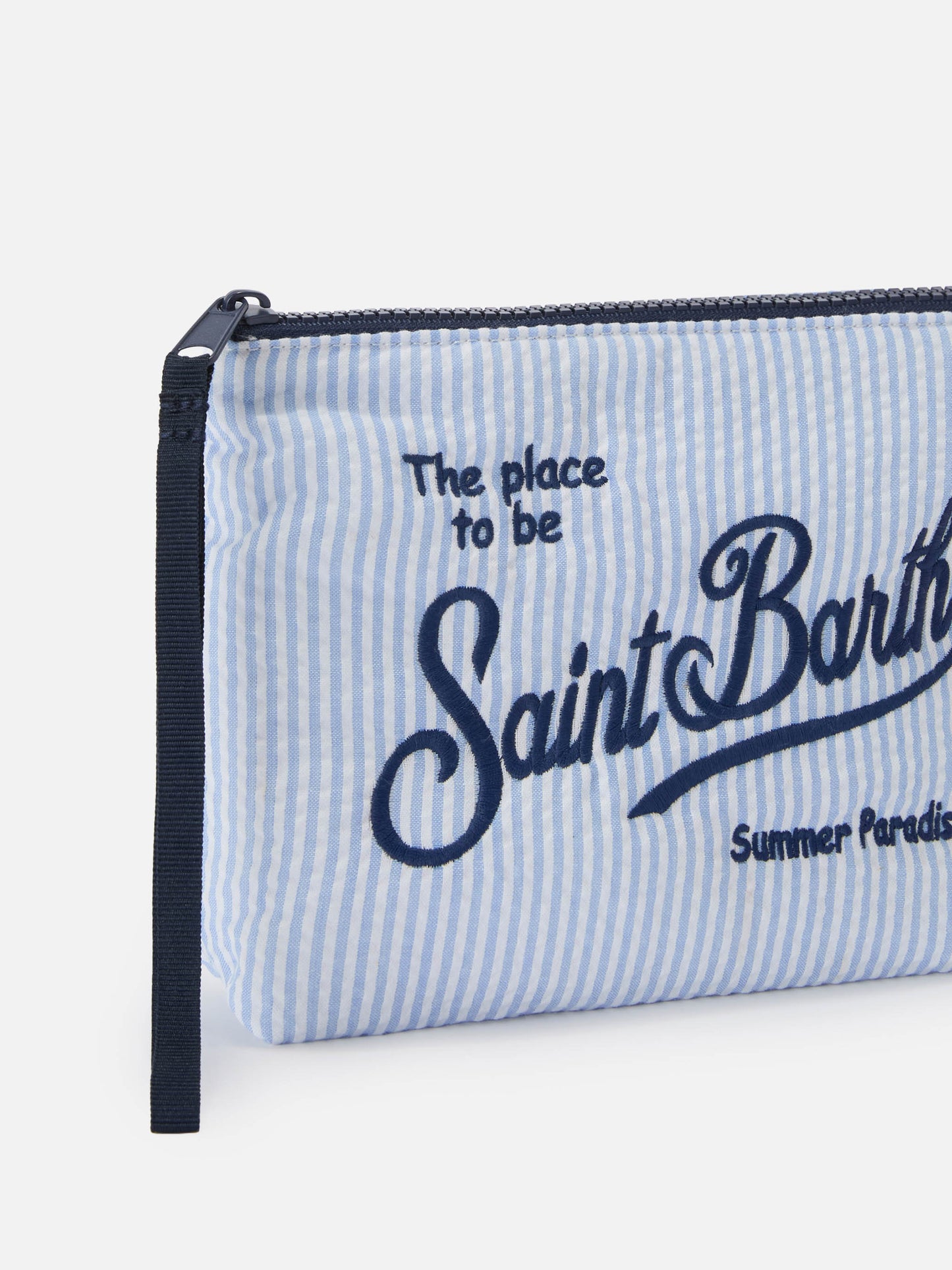 Pochette Aline in cotone seersucker a righe azzurre