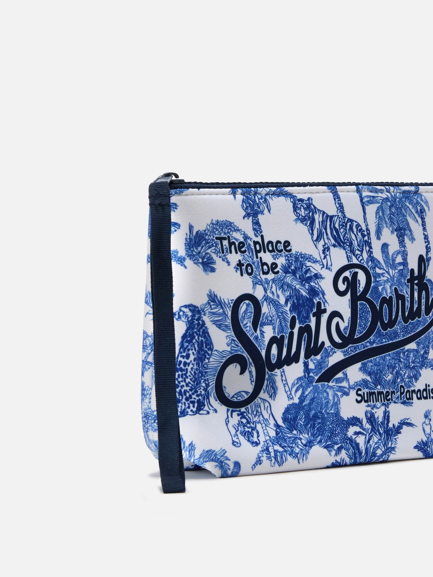 Pouch scuba Aline blanco con estampado toile de jouy Jungle Oceania