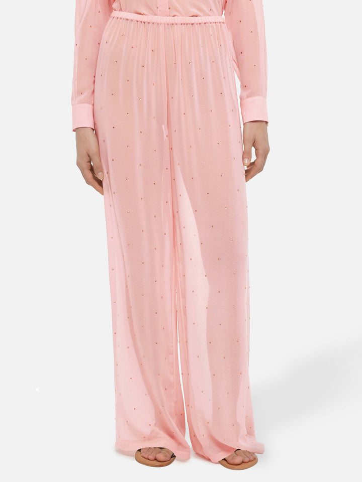 Amalia – Rosa Georgette-Hose mit weitem Bein und Strassverzierung
