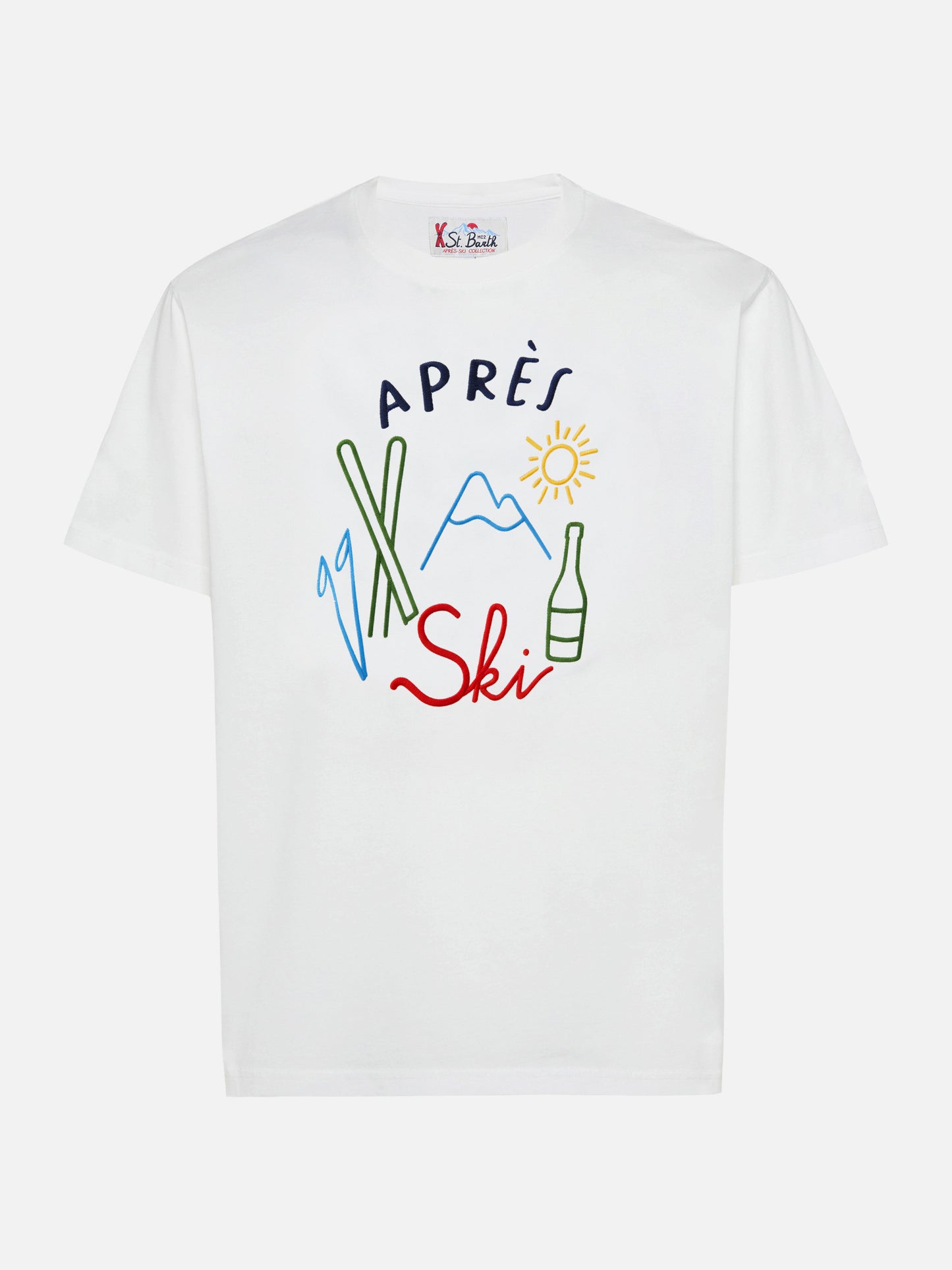 Arnott Warm winter cotton T-shirt in white with Après Ski embroidery