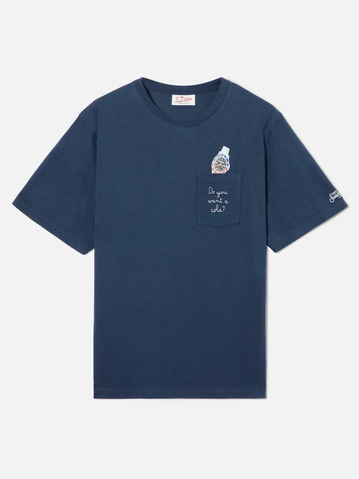 Camiseta Austin azul con bordado de reloj y Do You Want A Cola?