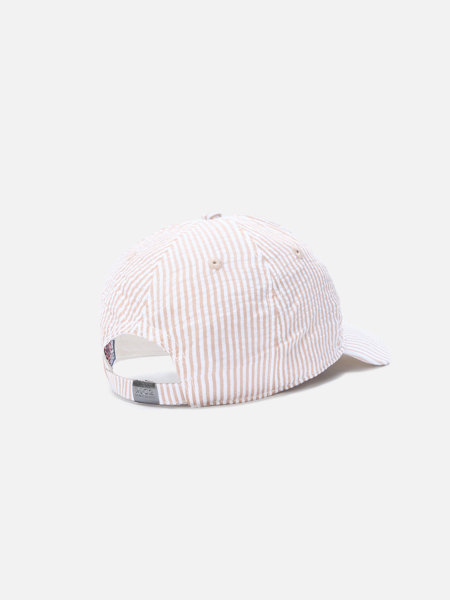 Baseball cap with visor in cotton seersucker with beige and white stripes