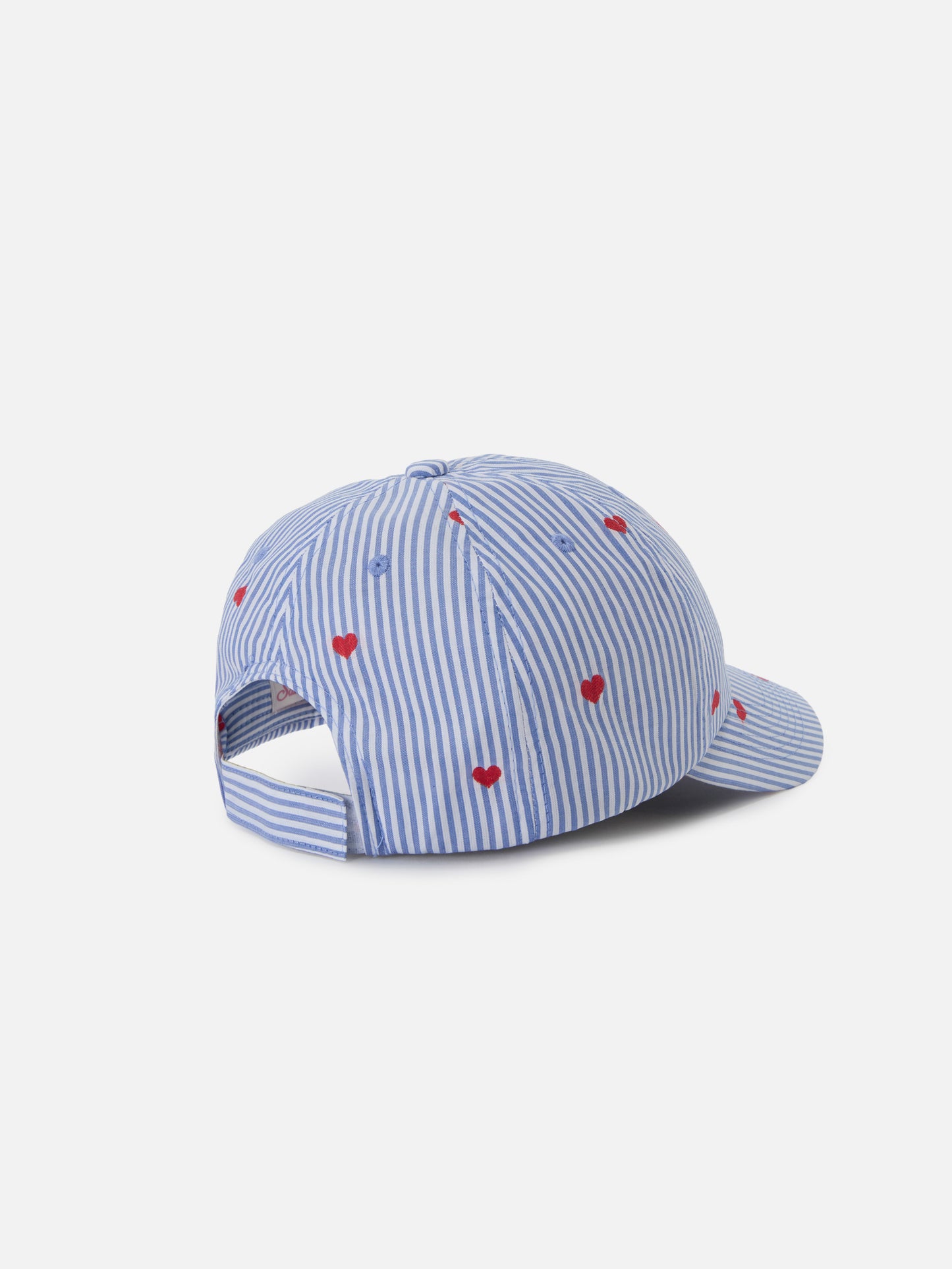Baseball cap with visor in blue and white striped cotton with heart embroidery