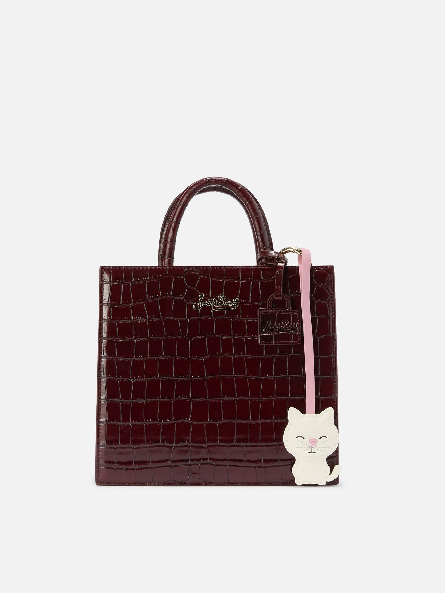 Cat-shaped smooth leather bag charm with logo tag