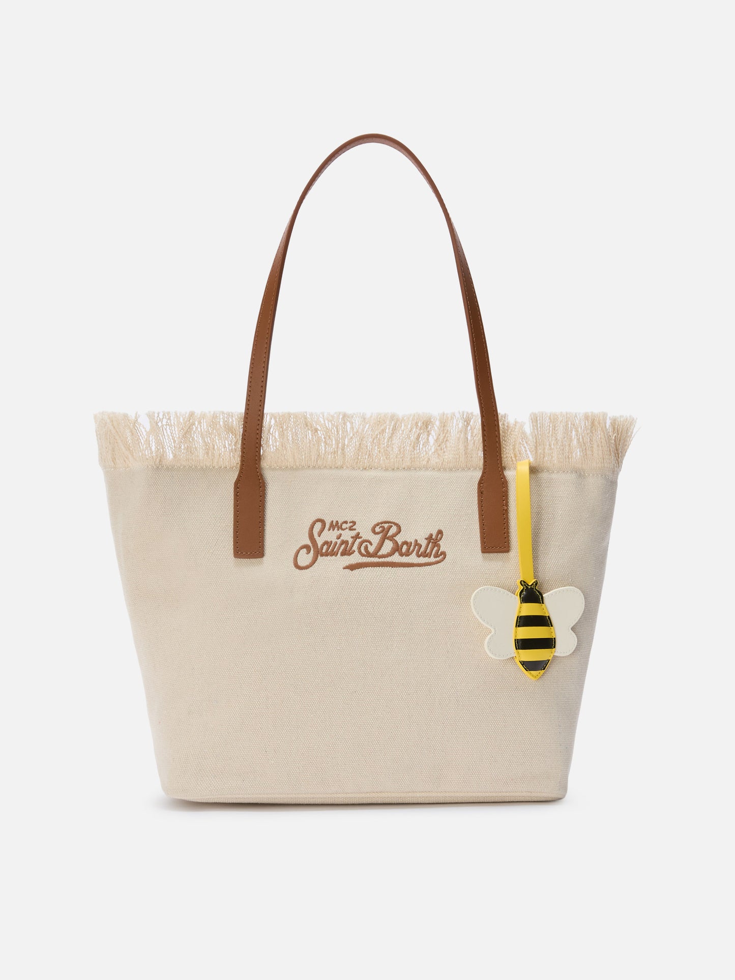 Bag charm a forma di ape in pelle liscia con targhetta logo