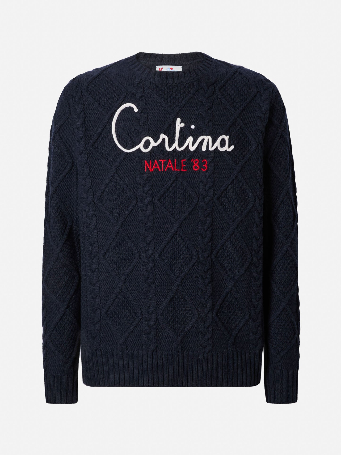 Maglione blu a girocollo Bergen Tricot con ricamo Cortina Natale '83