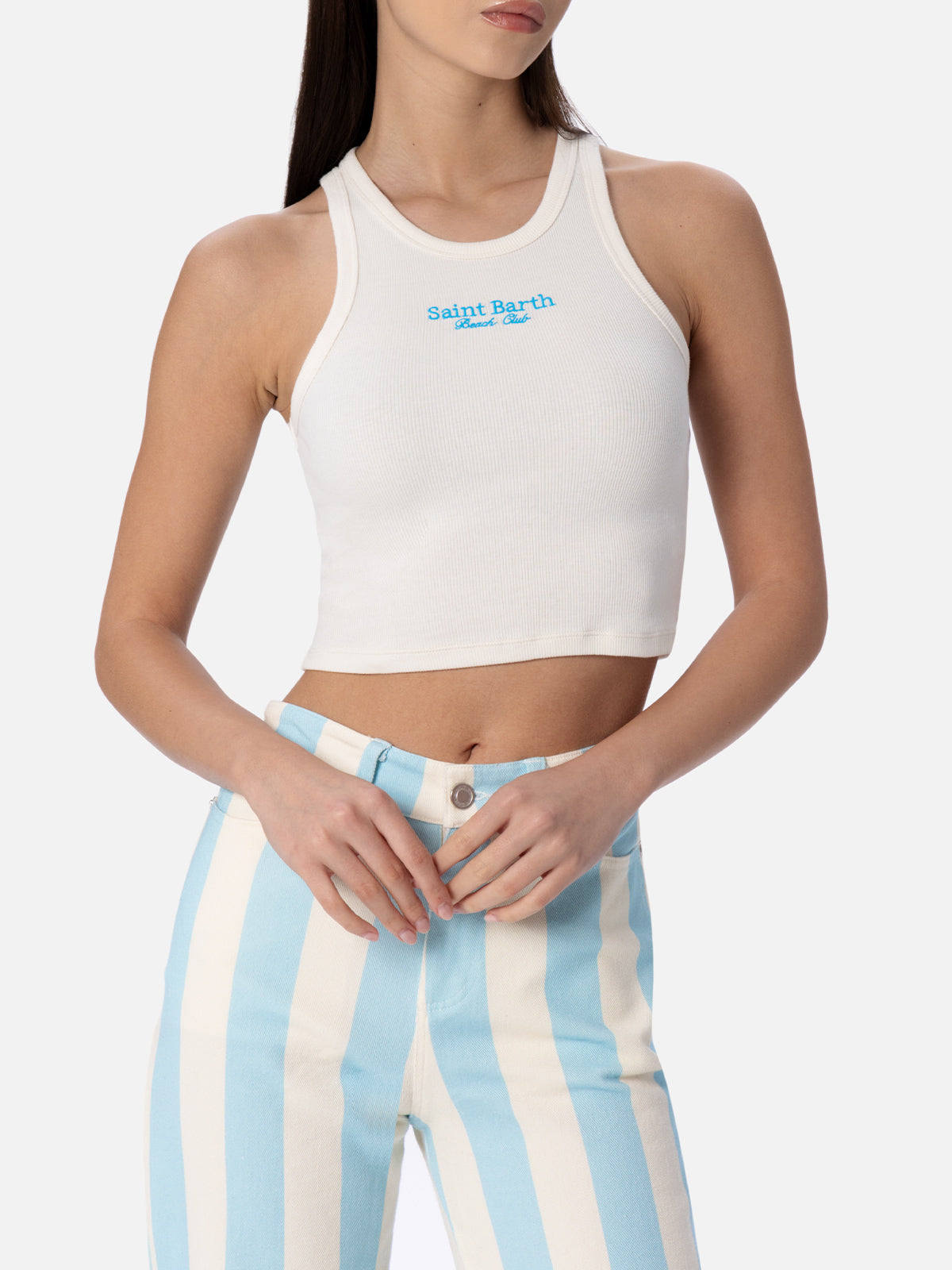 Woman rib-knit cotton crop tank with Saint Barth Beach Club embroidery - MC2 Saint Barth