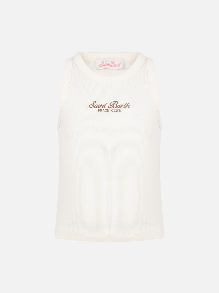 Blaues Jr. Crop-Top aus cremeweißer Baumwolle mit Rippenstrick und Stickerei