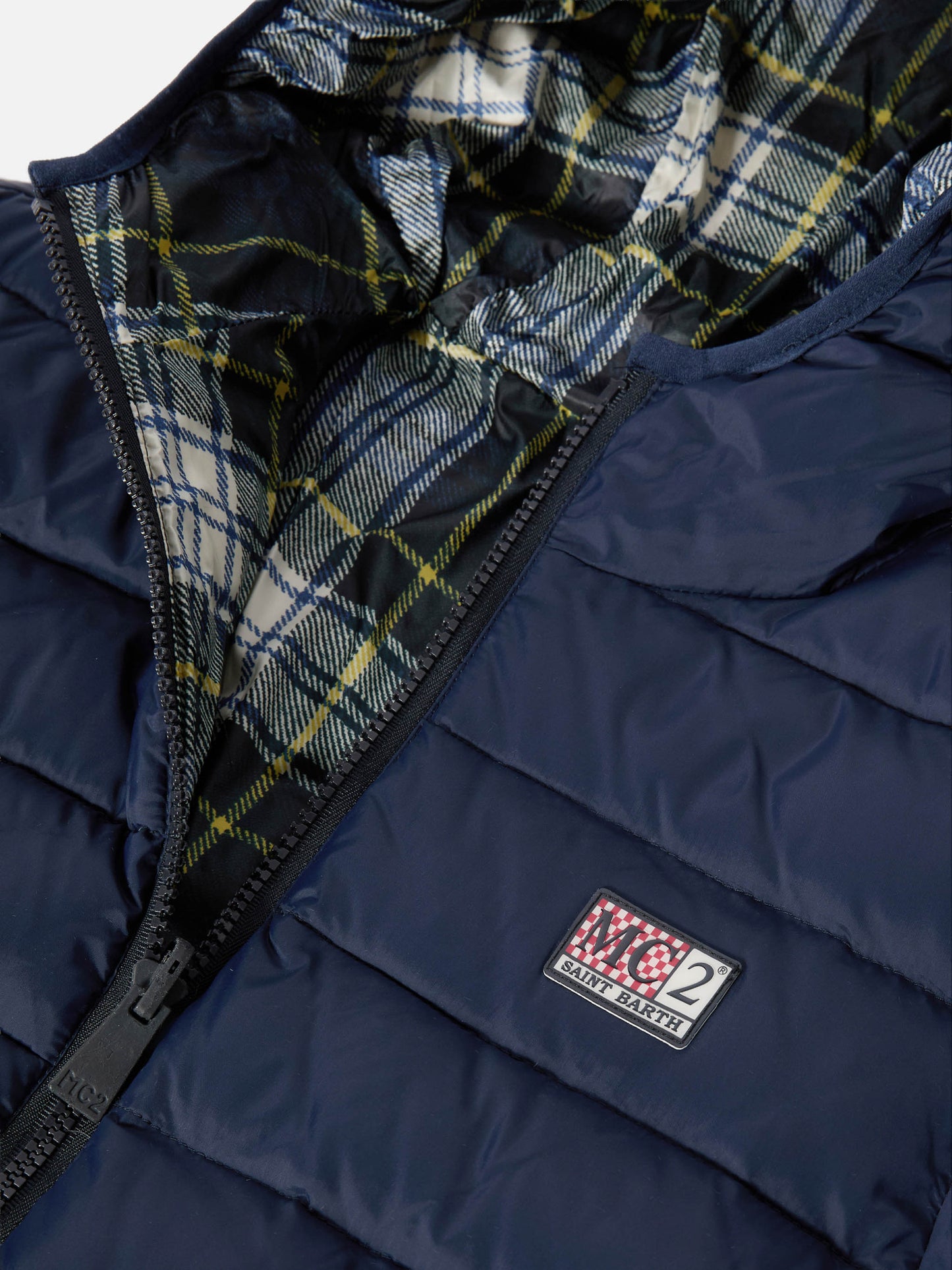 Wendbare Daunenjacke Bob in Marineblau und Tartan