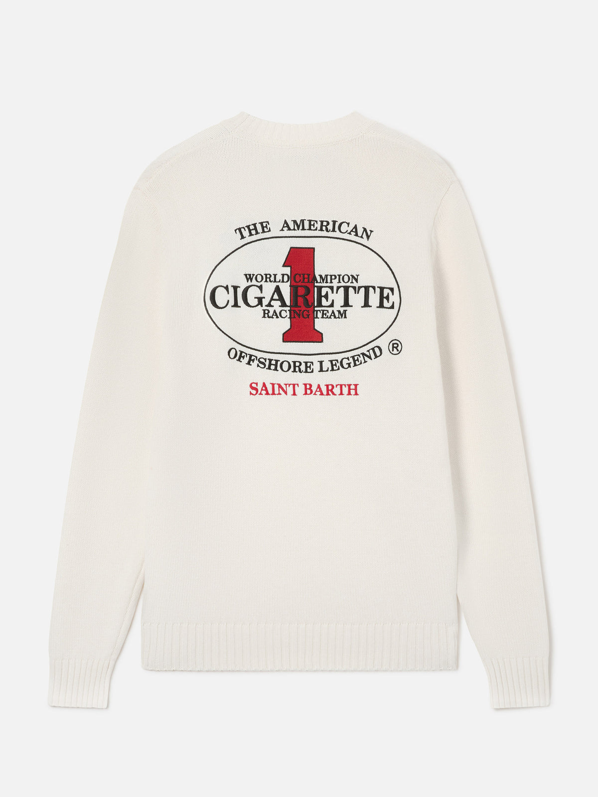 Cremefarbener Bombardino Light Strickpullover mit Rundhalsausschnitt und Cigarette Stickerei auf der Rückseite | Special edition