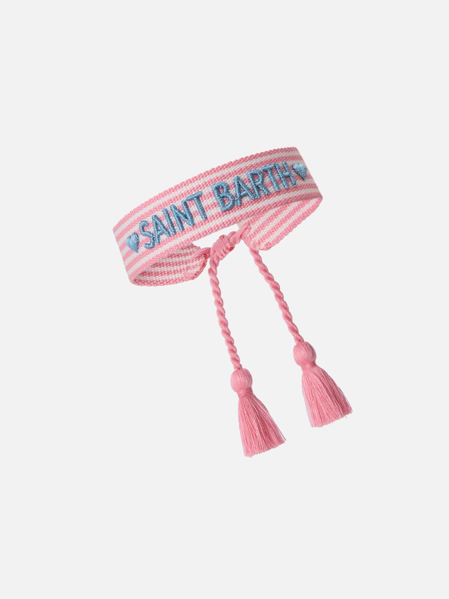 Pulsera de tejido con rayas rosas y bordado