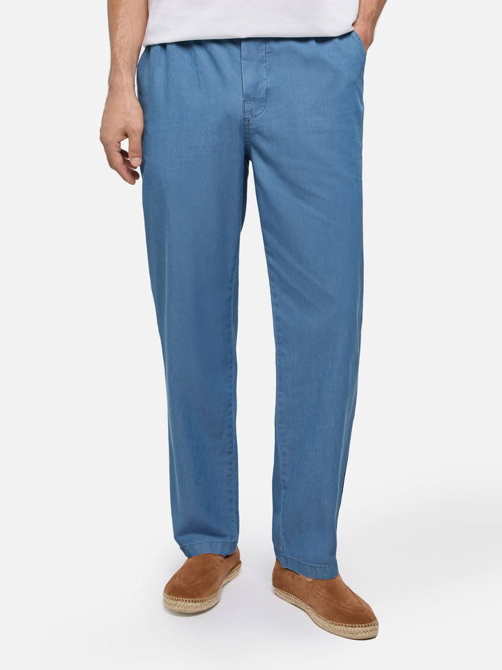 Pantaloni in chambray di cotone blu denim Calais con coulisse