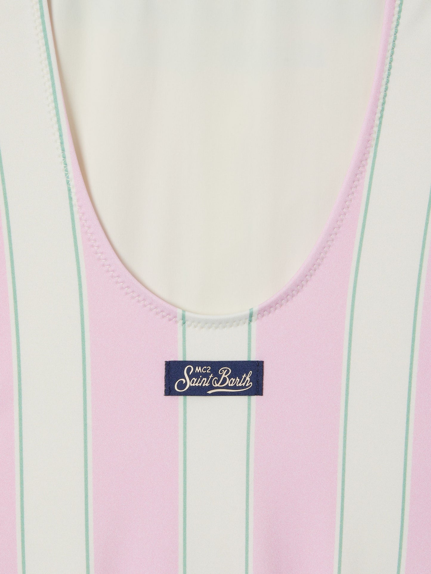 Costume intero Cara a righe rosa e bianche con stampa Beach Club