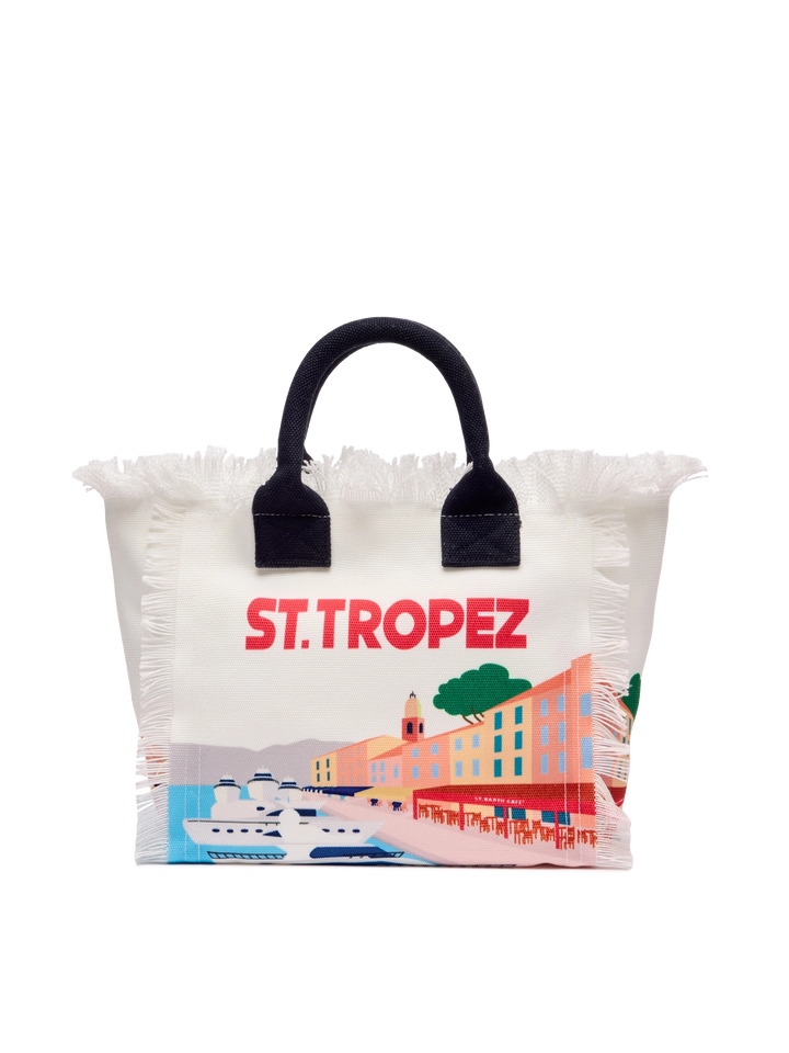 Colette cotton canvas handbag with St. Tropez postcard print