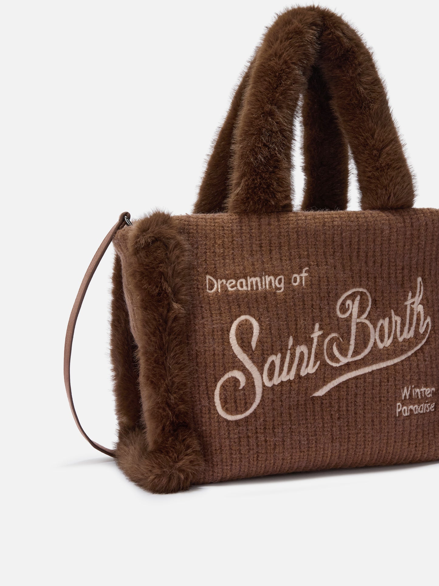 Colette Shearling Rib Handtasche aus geripptem braunem Wollmischgewebe und Shearling