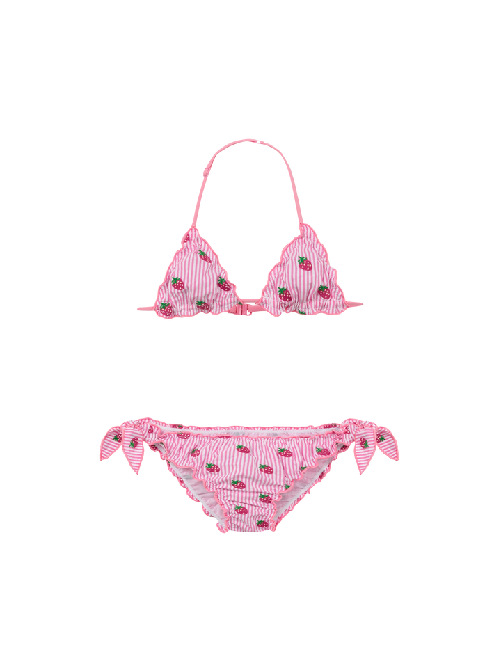 Bikini a triangolo classico Cris in seersucker con stampa a righe e ricamo