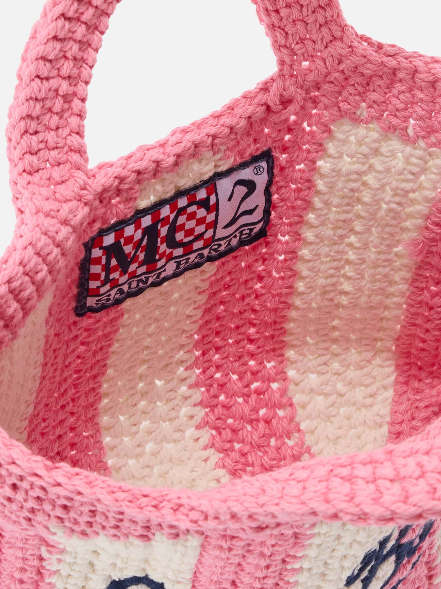 Mini sac en crochet à rayures roses avec logo brodé