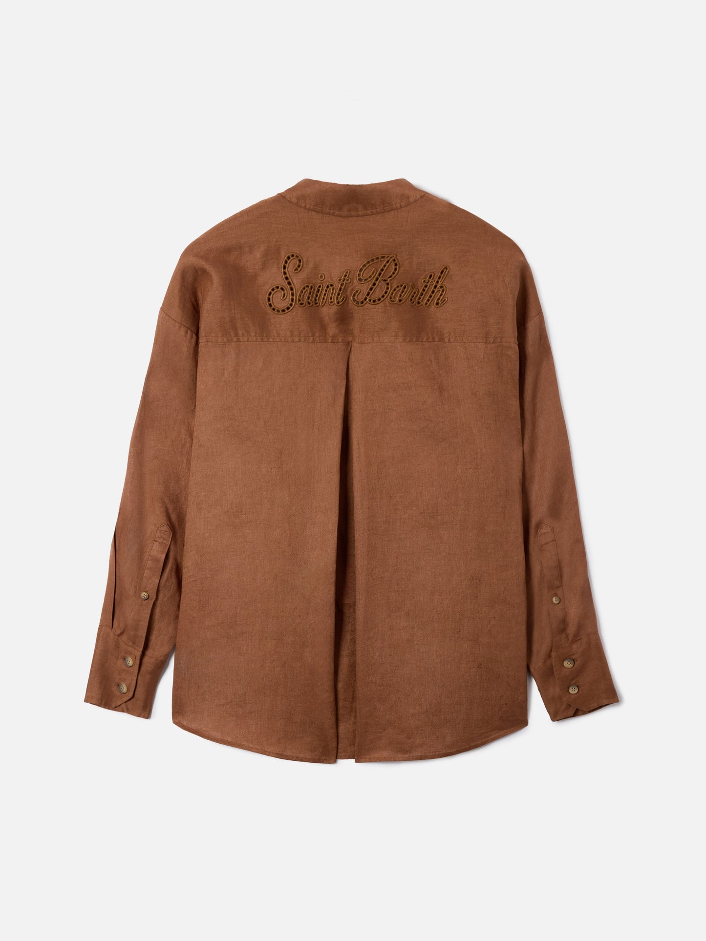Chemise Cristal en lin marron avec broderie Saint Barth ajourée
