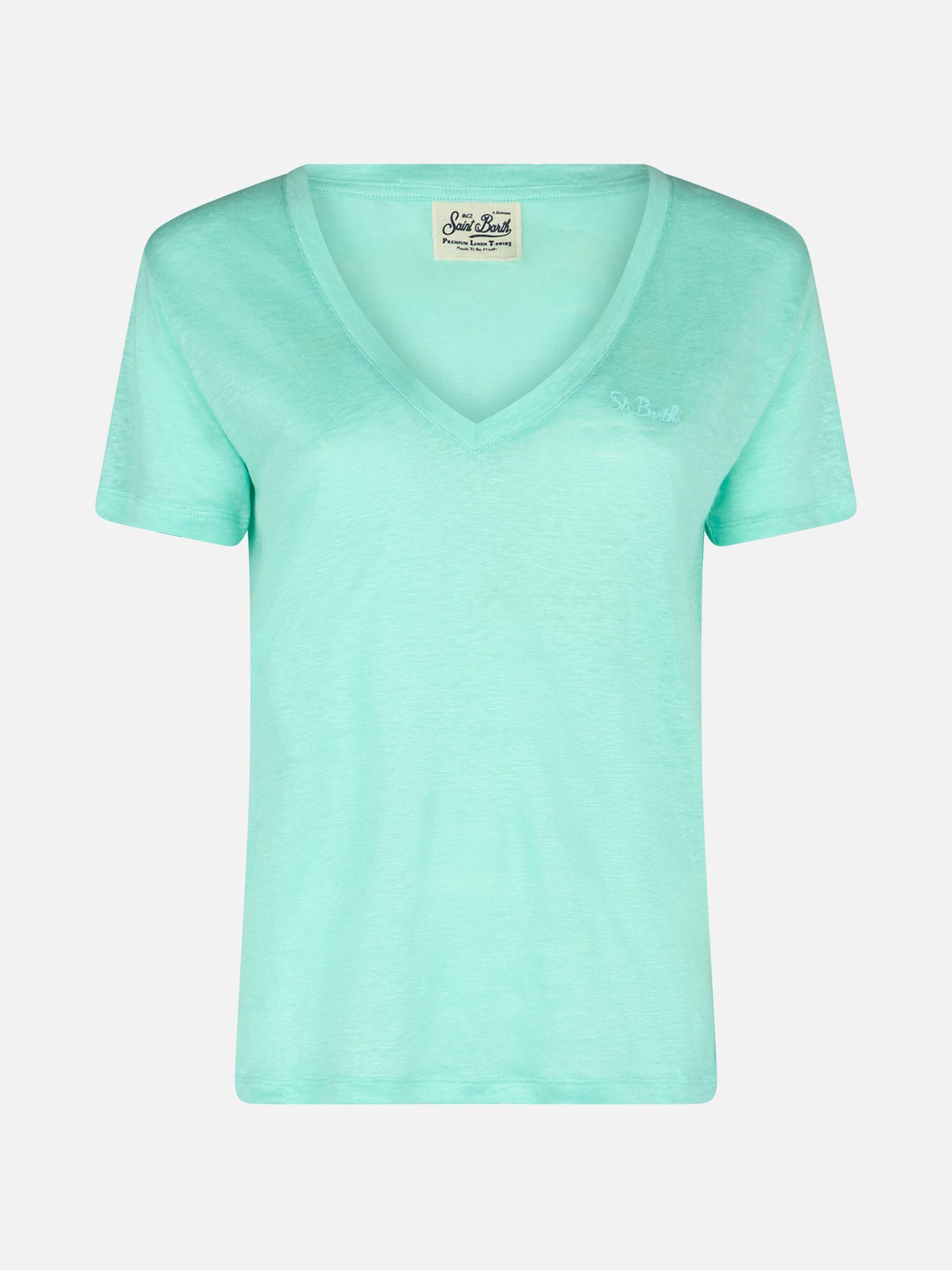 Woman linen jersey sage green V-neck t-shirt Eloise - MC2 Saint Barth