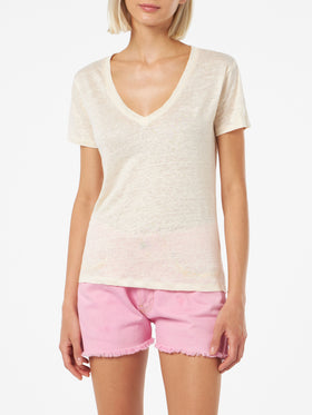 Linen jersey off-white V-neck t-shirt Eloise - MC2 Saint Barth