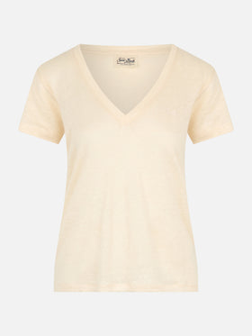 Linen jersey off-white V-neck t-shirt Eloise - MC2 Saint Barth