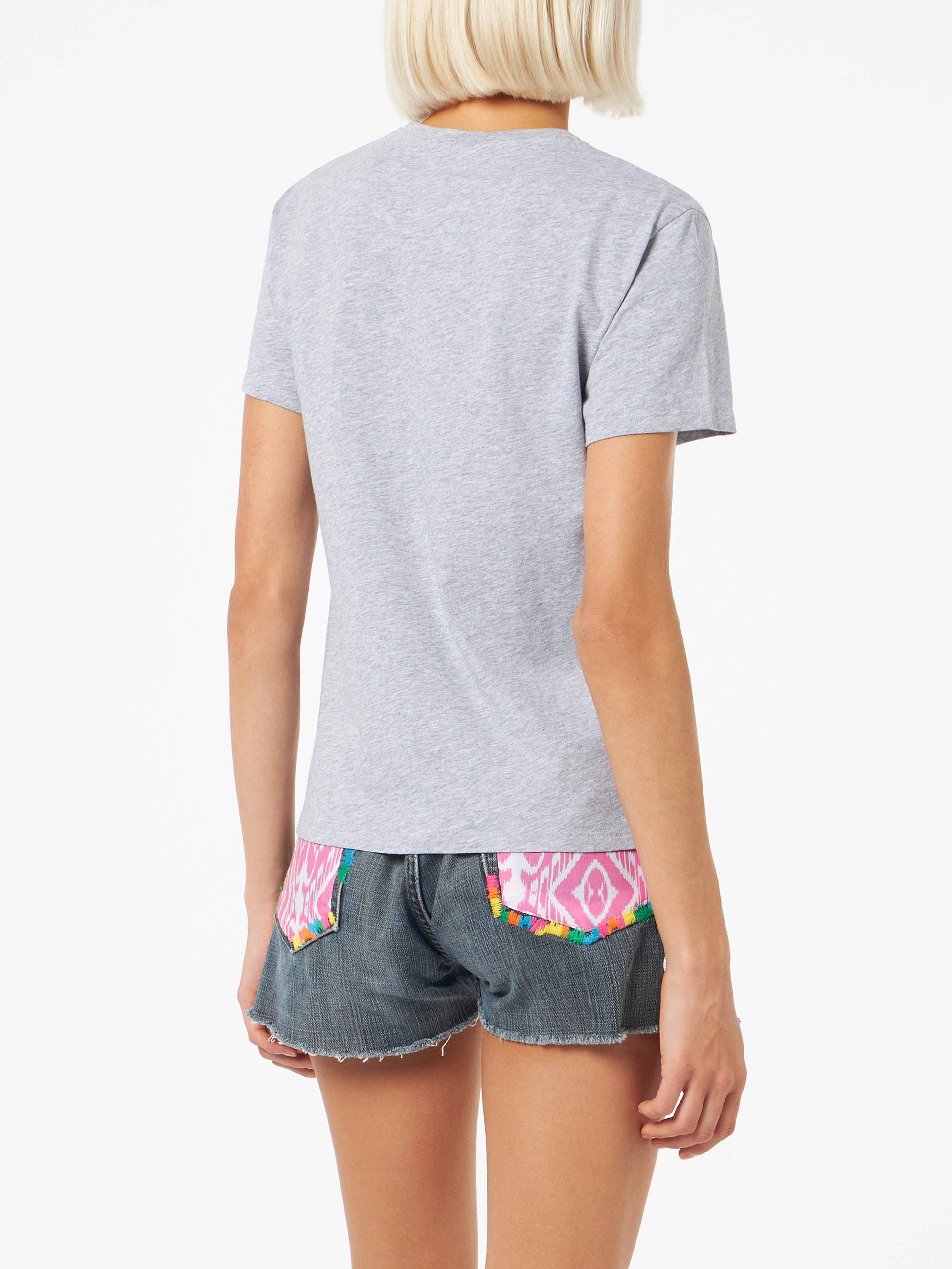 Woman cotton jersey crewneck t-shirt Emilie with La Vedo Grigia embroidery - MC2 Saint Barth
