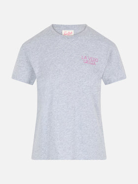 Woman cotton jersey crewneck t-shirt Emilie with La Vedo Grigia embroidery - MC2 Saint Barth