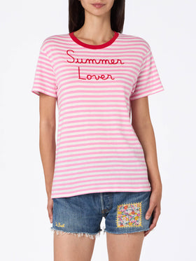 Woman striped cotton jersey crewneck t-shirt Emiilie with Summer Lover embroidery - MC2 Saint Barth