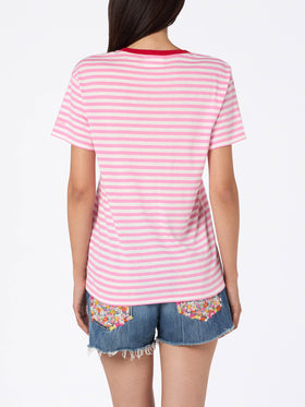 Woman striped cotton jersey crewneck t-shirt Emiilie with Summer Lover embroidery - MC2 Saint Barth