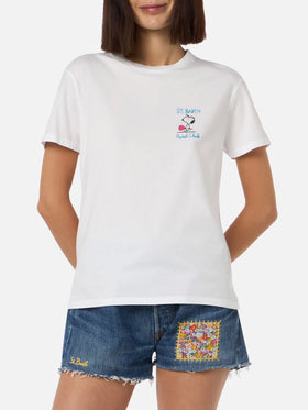 T-shirt girocollo in jersey di cotone rosa da donna Emilie con ricamo Snoopy St. Barth Padel Club | EDIZIONE SPECIALE SNOOPY PEANUTS