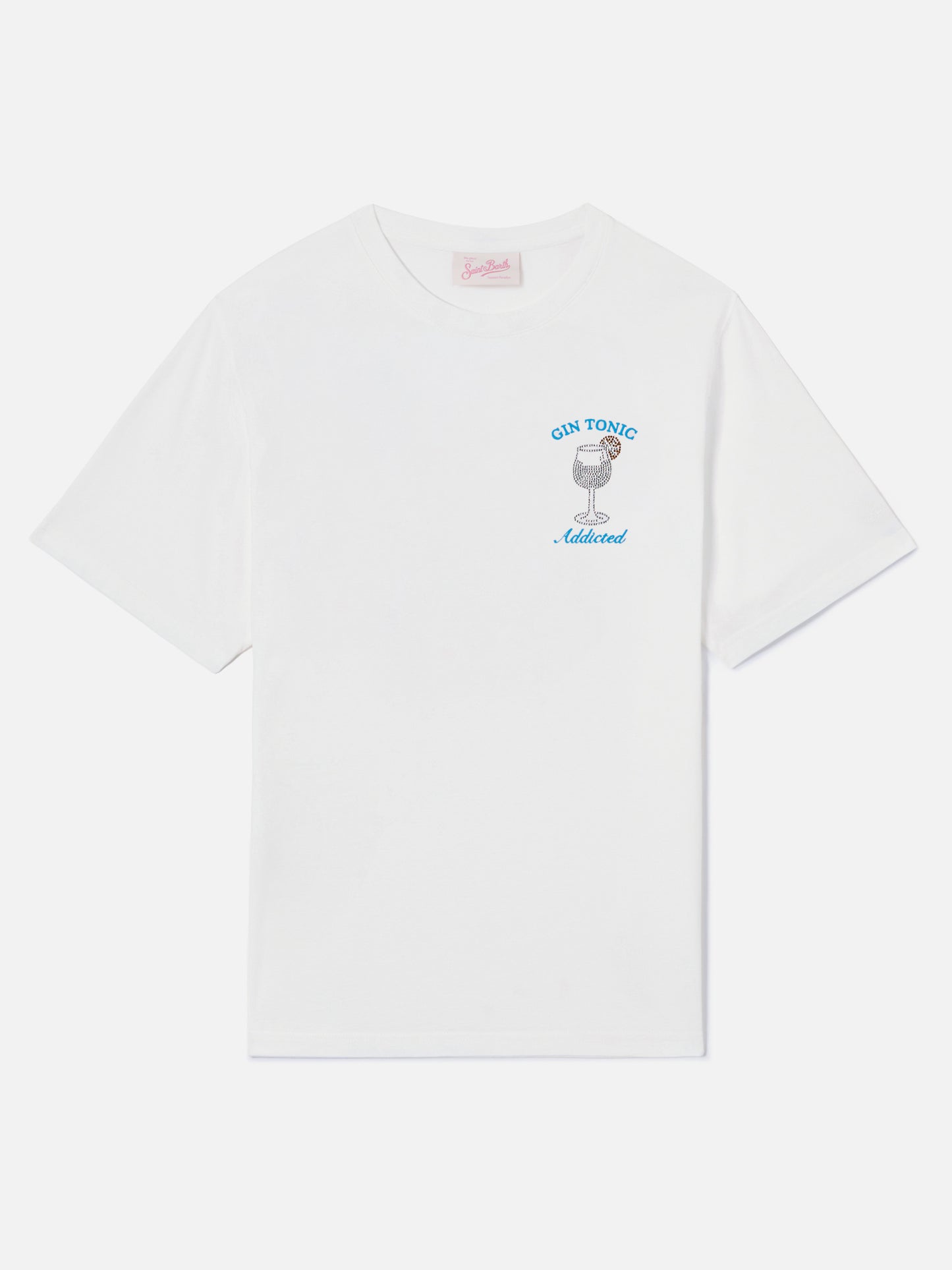 Camiseta Emilie blanca con bordado Gin Tonic Addicted y strass