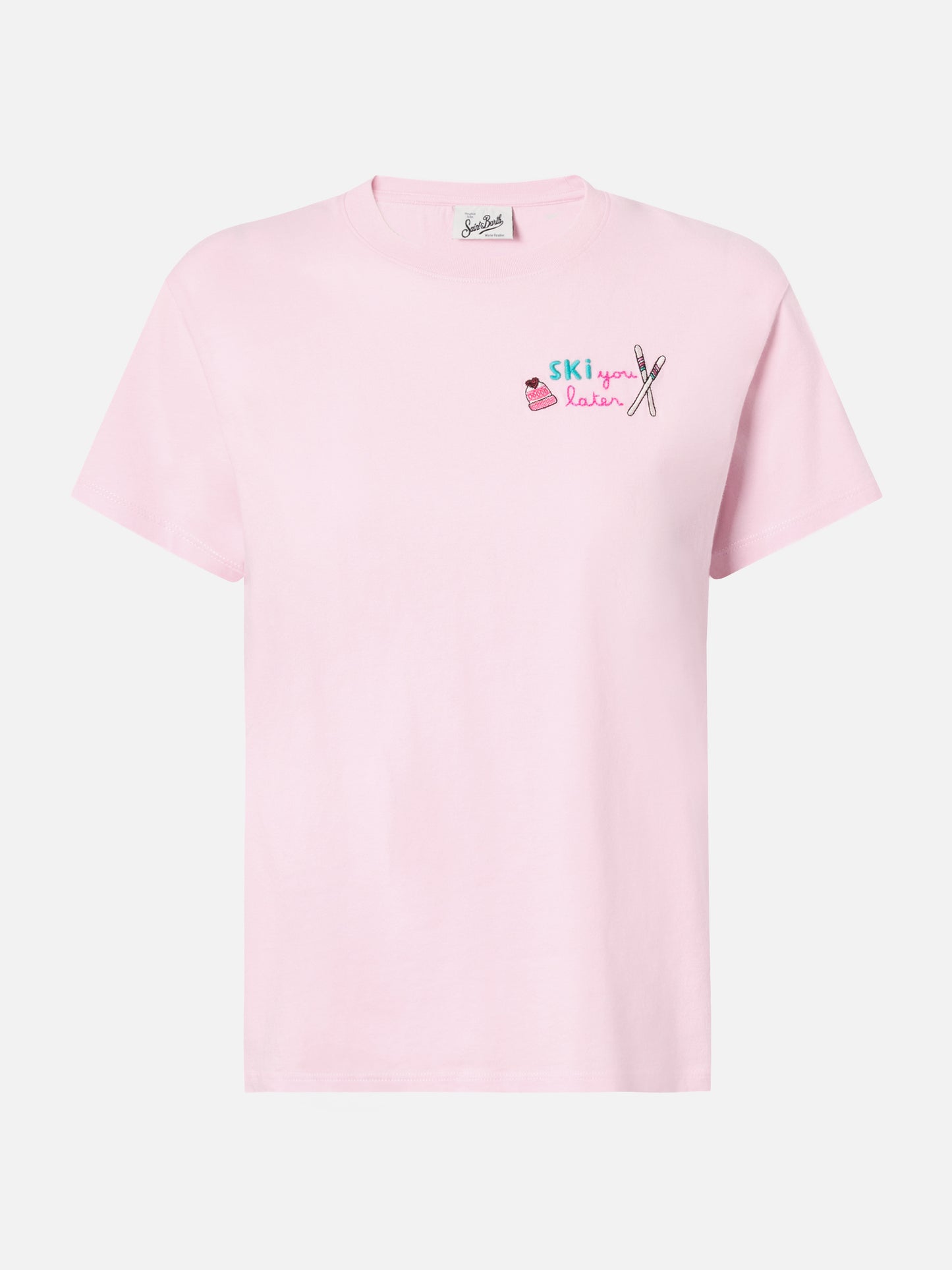 T-shirt Emilie in cotone rosa con ricamo Ski you later