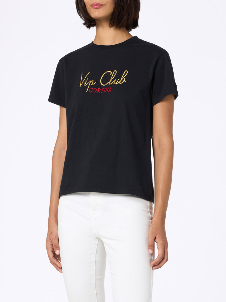 Woman heavy cotton black t-shirt Emilie with Vip Club Cortina embroidery | VIP CLUB CORTINA SPECIAL EDITION - MC2 Saint Barth