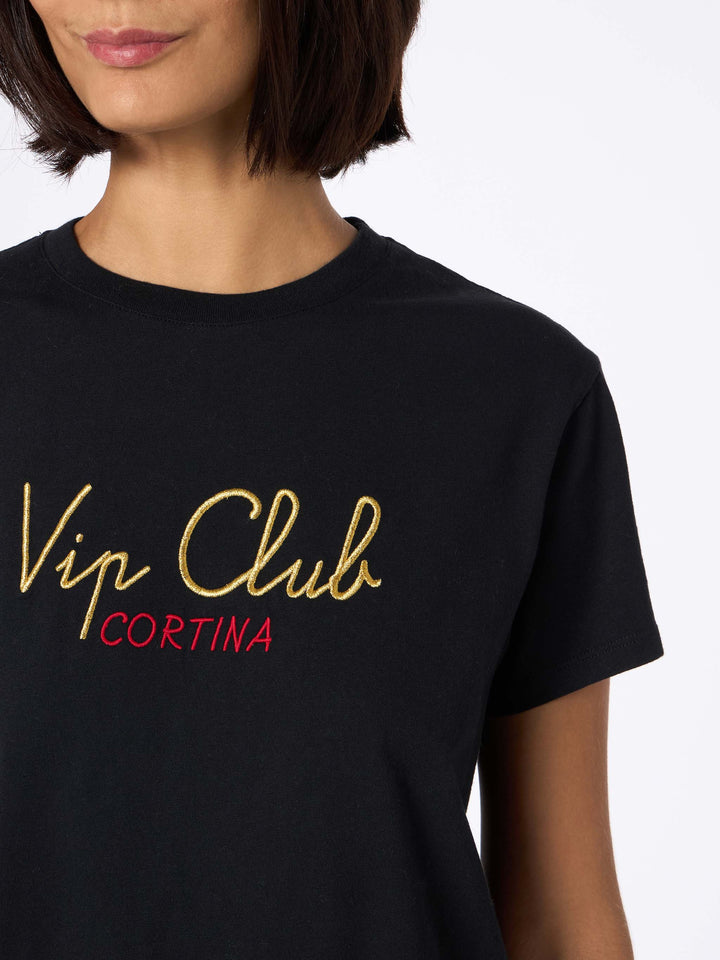 Woman heavy cotton black t-shirt Emilie with Vip Club Cortina embroidery | VIP CLUB CORTINA SPECIAL EDITION - MC2 Saint Barth