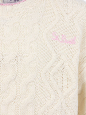 Girl white wavy cable knit sweater Gretta with contrast details - MC2 Saint Barth
