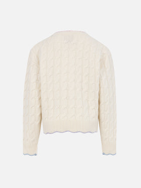 Girl white wavy cable knit sweater Gretta with contrast details - MC2 Saint Barth