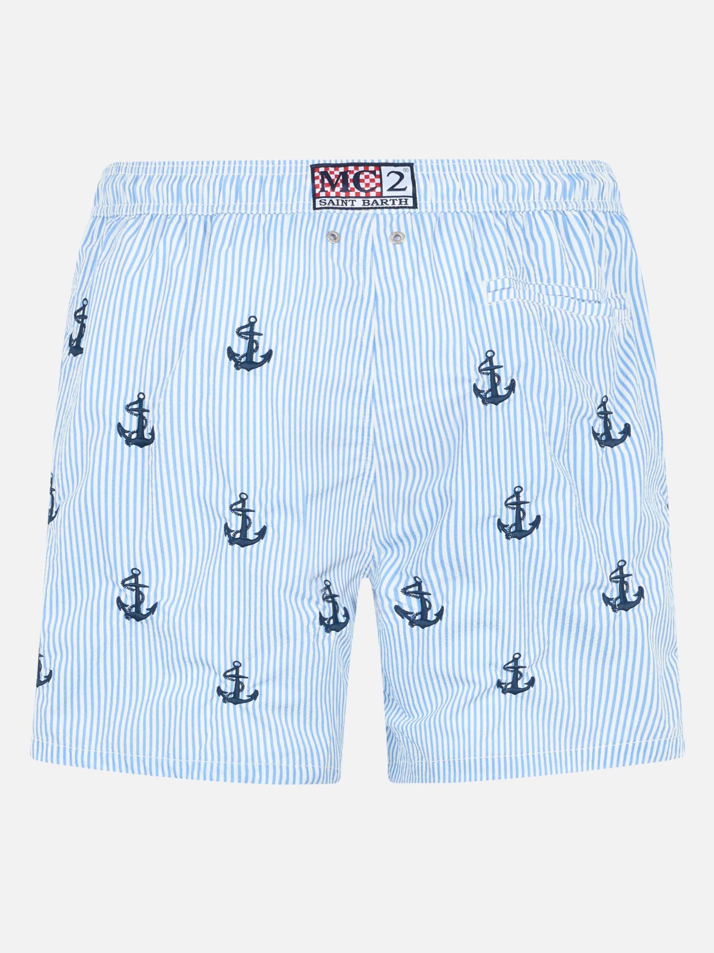 Gustavia seersucker blue and white striped swim shorts with anchor embroidery