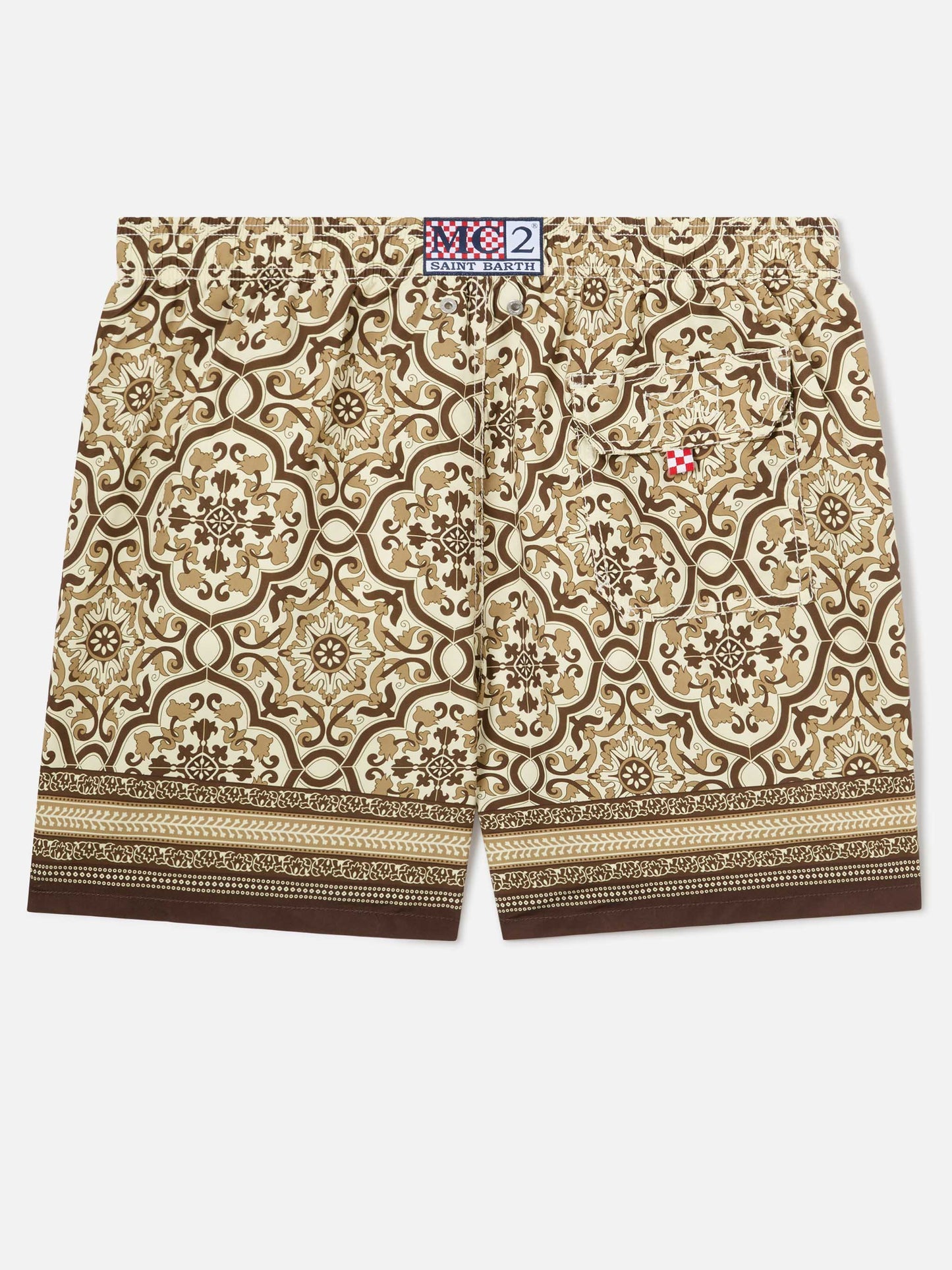 Gustavia swim shorts with brown ornamental placed print