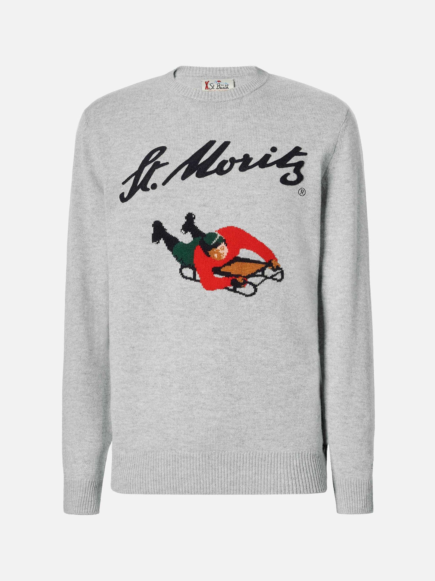 Grauer Heron-Pullover mit St. Moritz-Jacquardmuster und -Aufnäher | ST. MORITZ TOP OF THE WORLD SPECIAL EDITION